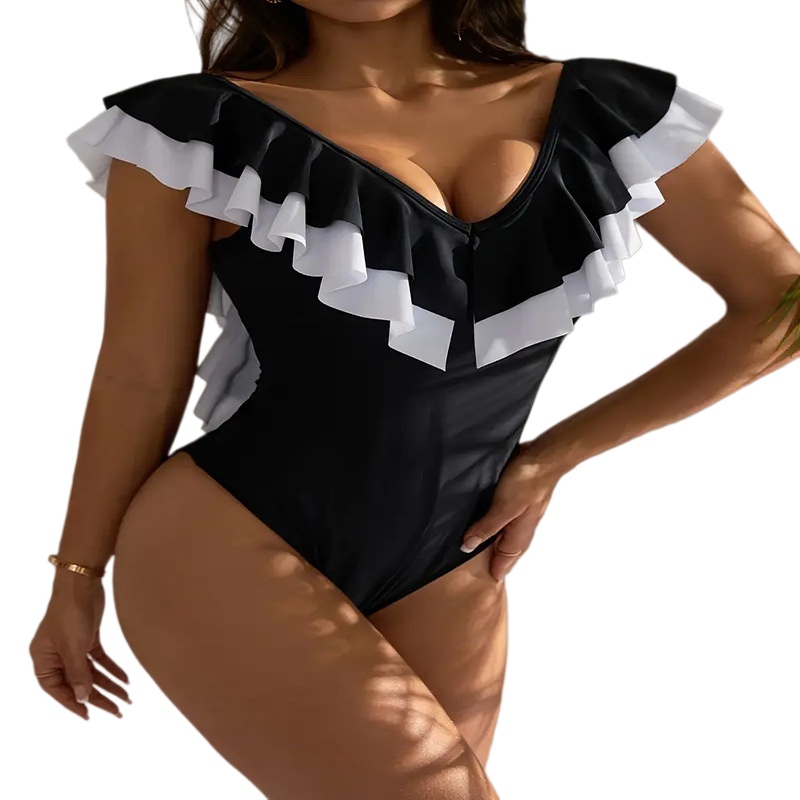 Women Color Block Ruffle One Piece Swimsuit - V Neck Backless Bathing Suit